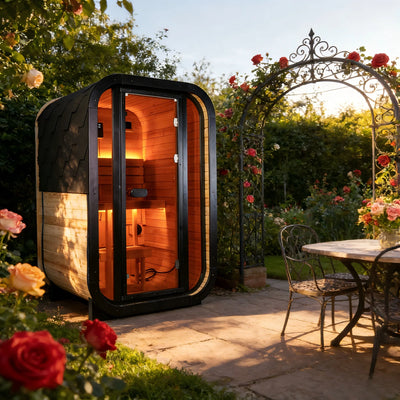 1–2 Person Outdoor Traditional Steam Sauna, Weatherproof Natural Spruce Cube Cabin with Black Trim, Panoramic Glass Door, LED Strip Lighting and Shingled Roof
