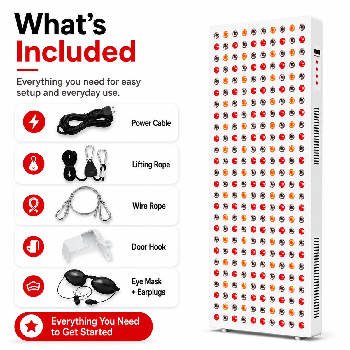 iReliev 1500W Red and Near-Infrared LED Light Panel, 300 LEDs, 5 Wavelengths 630/660/810/830/850 nm, 43 x 14.6 in. Full-Body Panel with Timer, Door Hooks and Hanging Kit