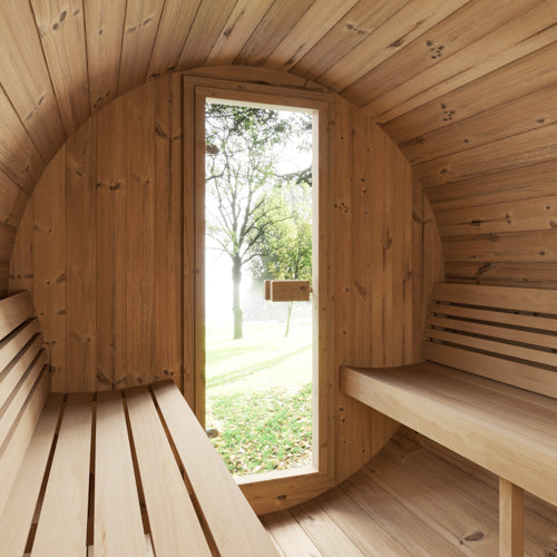 SaunaLife E7 ERGO Series Barrel Sauna — 4-Person, Thermo-Spruce, Standing Height