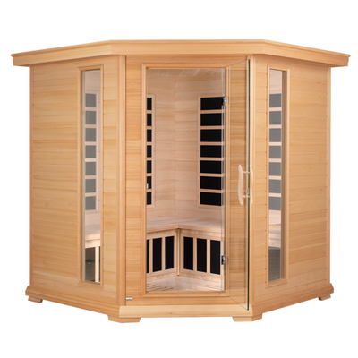 Blisspod Vienna 4-5 Person Corner Far Infrared Sauna with 12 Low-EMF Carbon Heaters, Canadian Hemlock