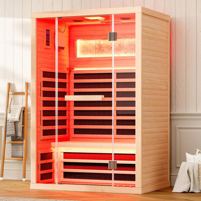 Albott Infrared Sauna 2 Person, Infrared Saunas for Home & Gym, Low EMF 110V Canadian Hemlock Wood Indoor Dry Sauna with Salt Crystal Bricks, 8 Carbon Panels & 7-Color Light Therapy, 47.2"x34.2"x70.9"