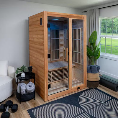 Backyard Discovery Rylan 2-Person Indoor Cedar Far Infrared Sauna, 8 Low-EMF Carbon Heaters, 1760 W 120 V Plug-In, 660/850 nm Red Light Panel, Chromotherapy Lighting, Bluetooth Speakers, 47.75 x 41.5 x 77 in.