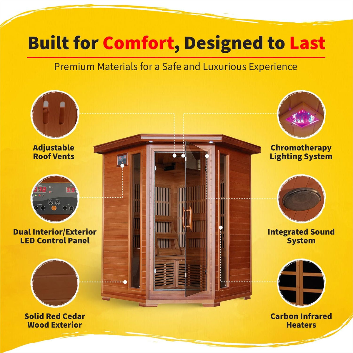 HEATWAVE Hudson Bay 3 Person Cedar Infrared Wood Sauna for Home Relaxation & Detox – Indoor Sauna with 7 Carbon Heaters, Chromotherapy Lighting, Oxygen Ionizer, & Built-In Stereo Sound System
