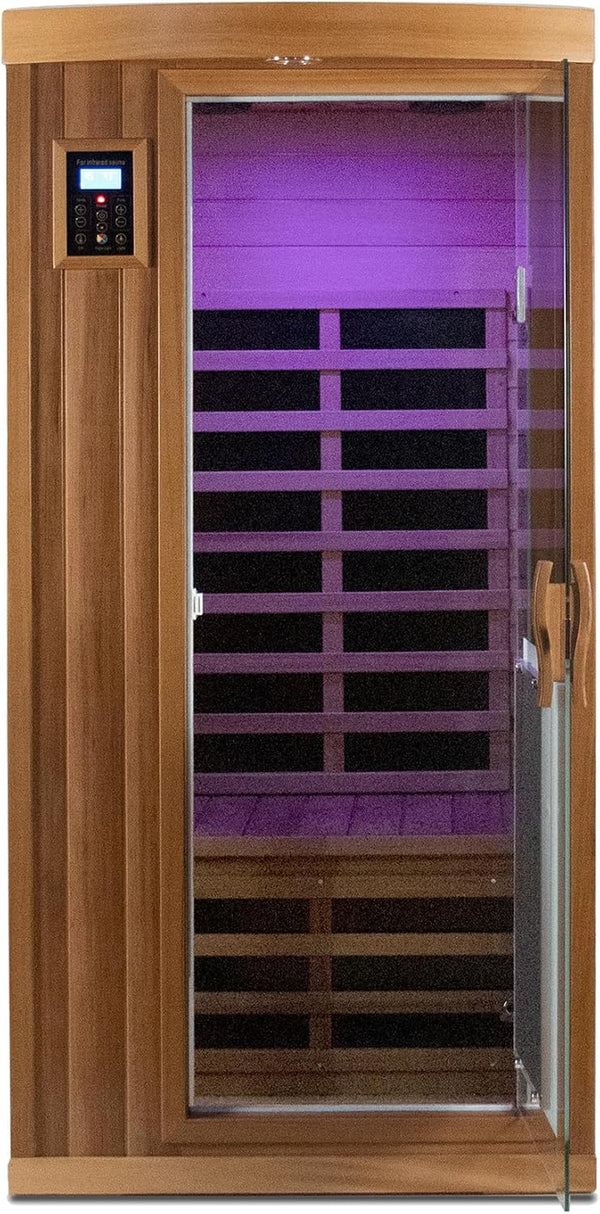 Kanlanth 901BR 1–2 Person Far Infrared Sauna, Canadian Red Cedar, 8 Low-EMF Carbon Heating Panels Including Door Heater, 1510 W 120 V Plug-In, Dual LCD Controls, 2 Bluetooth Speakers, 7-Color Lighting, 35 x 35 x 79 in.