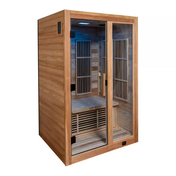 Backyard Discovery Rylan 2-Person Indoor Cedar Far Infrared Sauna, 8 Low-EMF Carbon Heaters, 1760 W 120 V Plug-In, 660/850 nm Red Light Panel, Chromotherapy Lighting, Bluetooth Speakers, 47.75 x 41.5 x 77 in.