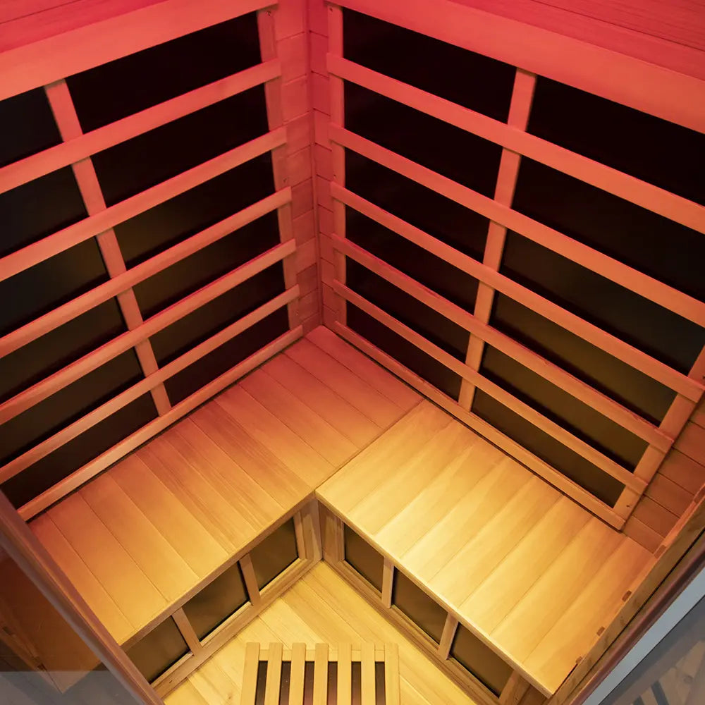 Wizzisauna SR07 2-3 Person Corner Red Cedar Far Infrared Sauna with 8 Carbon Heaters