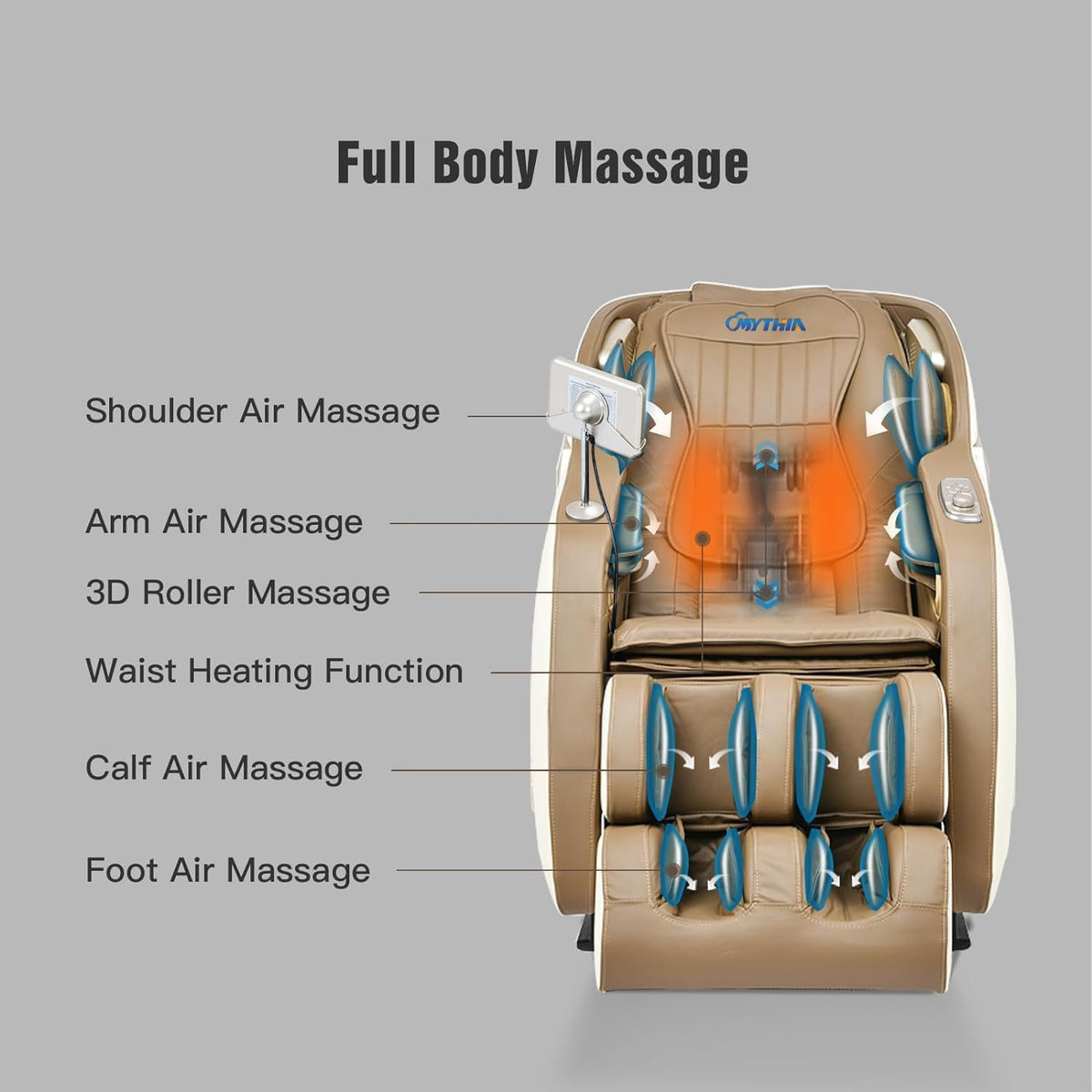 MD906 Full Body Massage Chair, 165°Zero Gravity, 55" SL Track, Beige