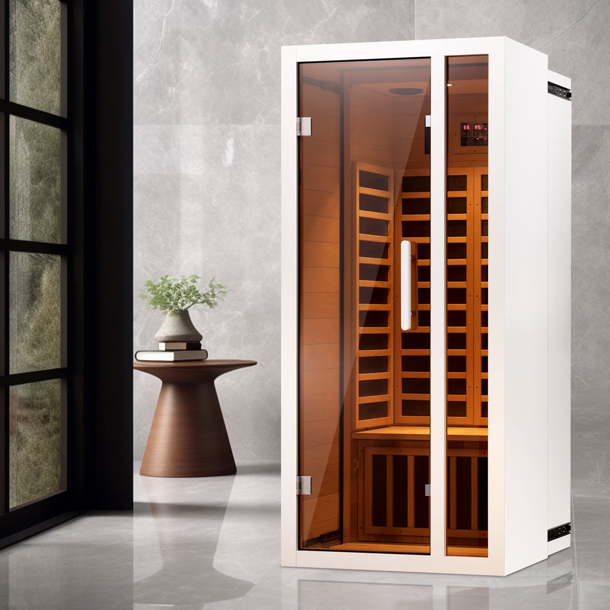 1 Person Extendable FAR Infrared Sauna for Home, Hemlock Wood Low EMF 6 Carbon Heaters Indoor Saunas with LED Lights, Bluetooth Speaker, Digital Control Panel, and Seating Bench