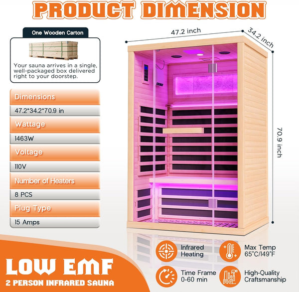 Albott Infrared Sauna 2 Person, Infrared Saunas for Home & Gym, Low EMF 110V Canadian Hemlock Wood Indoor Dry Sauna with Salt Crystal Bricks, 8 Carbon Panels & 7-Color Light Therapy, 47.2"x34.2"x70.9"