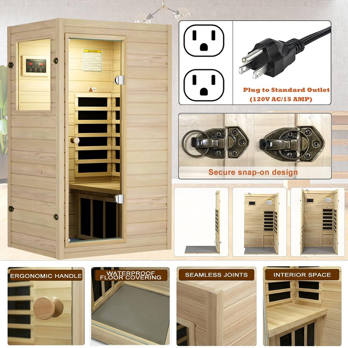 1 Person Sauna, Low EMF Far Infrared Indoor Dry Sauna Room, 905W