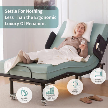 Split King Adjustable Bed Frame with Bed Rails for Adults - Adjustable Base Only, Wireless Remote, Under-Bed Light, USB Ports, Brake Wheel Legs Zero Gravity Electric