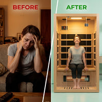 1 Person Extendable FAR Infrared Sauna for Home, Hemlock Wood Low EMF 6 Carbon Heaters Indoor Saunas with LED Lights, Bluetooth Speaker, Digital Control Panel, and Seating Bench — Before & After