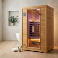 1 Person Extendable FAR Infrared Sauna for Home, Hemlock Wood Low EMF 6 Carbon Heaters Indoor Saunas with LED Lights, Bluetooth Speaker, Digital Control Panel, and Seating Bench — Studio Shot