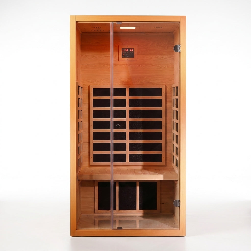 1 Person Extendable FAR Infrared Sauna for Home, Hemlock Wood Low EMF 6 Carbon Heaters Indoor Saunas with LED Lights, Bluetooth Speaker, Digital Control Panel, and Seating Bench — Studio Shot