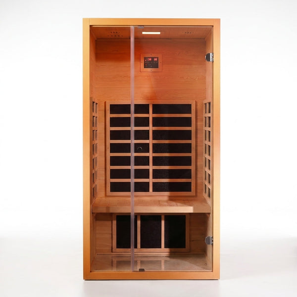 1 Person Extendable FAR Infrared Sauna for Home, Hemlock Wood Low EMF 6 Carbon Heaters Indoor Saunas with LED Lights, Bluetooth Speaker, Digital Control Panel, and Seating Bench — Studio Shot