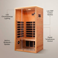 1 Person Extendable FAR Infrared Sauna for Home, Hemlock Wood Low EMF 6 Carbon Heaters Indoor Saunas with LED Lights, Bluetooth Speaker, Digital Control Panel, and Seating Bench — infographic