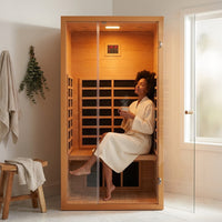 1 Person Extendable FAR Infrared Sauna for Home, Hemlock Wood Low EMF 6 Carbon Heaters Indoor Saunas with LED Lights, Bluetooth Speaker, Digital Control Panel, and Seating Bench — Lifestyle