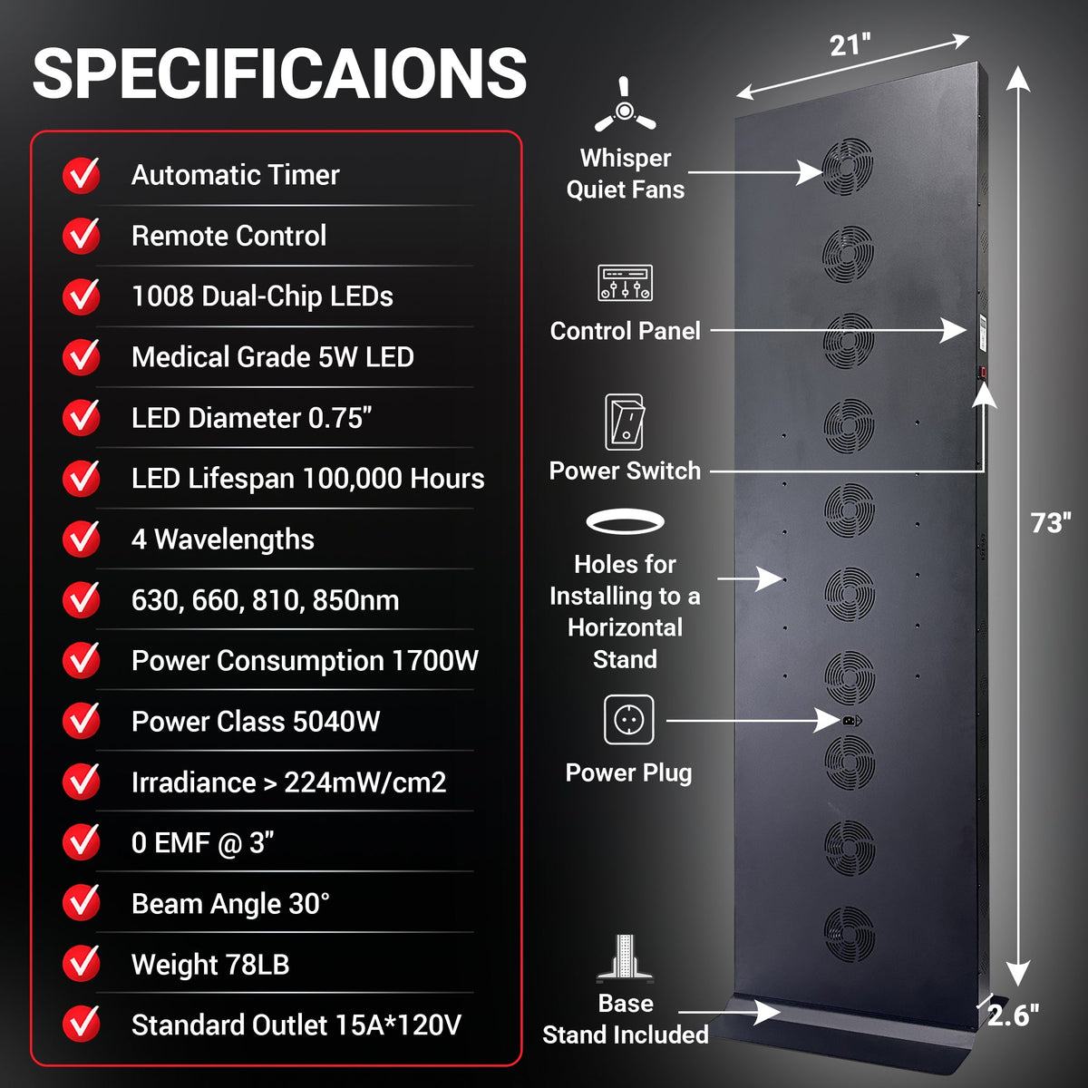 EXESAS 1008 LED Red and Near-Infrared Light Panel, 4 Wavelengths 630/660/810/850 nm, Dual-Chip 5 W LEDs, 73 x 21 in. Full-Body Panel with Base Stand, Remote and Timer (1300 W)
