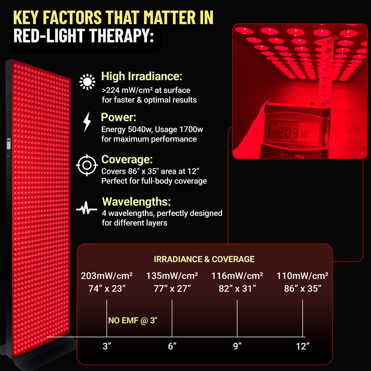 EXESAS 1008 LED Red and Near-Infrared Light Panel, 4 Wavelengths 630/660/810/850 nm, Dual-Chip 5 W LEDs, 73 x 21 in. Full-Body Panel with Base Stand, Remote and Timer (1300 W)