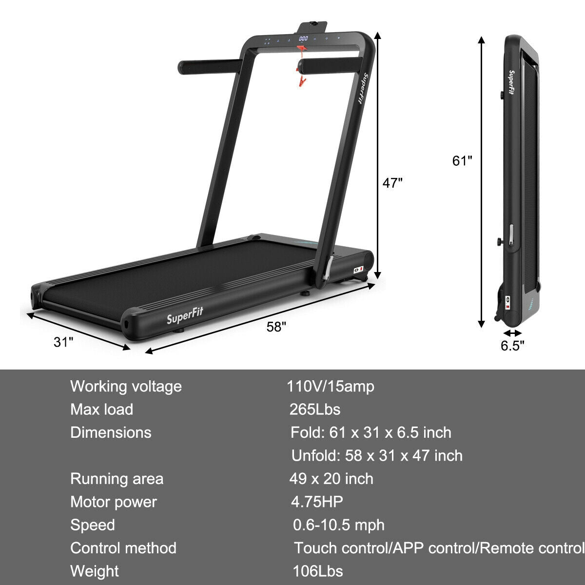 Costway SuperFit 4.75 HP 2-in-1 Folding Treadmill – Under-Desk and Running Modes