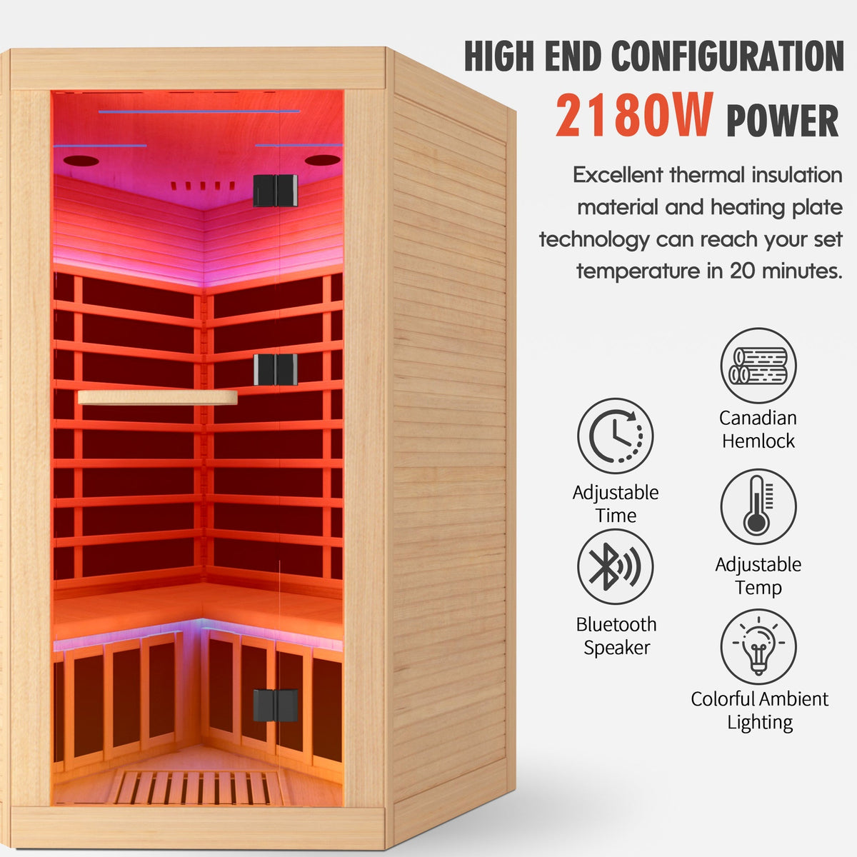 Canadian Hemlock Double Sauna with Bluetooth & LED Lights - Natural/Graphite