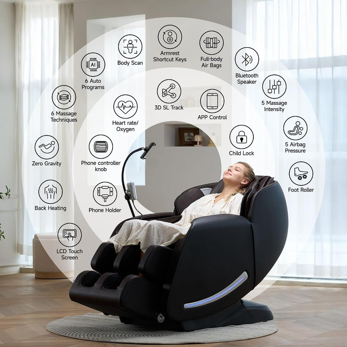Massage Chair Full Body with Unique Phone Controller,Heart and Blood Measurement, Zero Gravity 3D Sl-Track Recliner with APP Control, Child Lock,Pause Button, Back Pad, Favor-06, Dark Brown