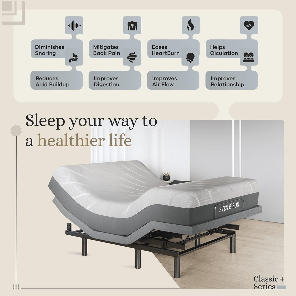 Sven & Son Harmony Adjustable Bed Base, Head and Foot Lift, Massage, Under-Bed Lights, USB, Gel Memory, Zero Gravity Smart Frame - Full + 10 Inch Memory Foam Matt (Firm)