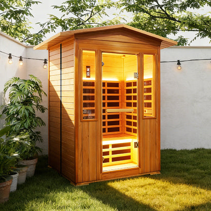 Outdoor Two-Person Far Infrared Sauna – Red Cedar Exterior, 9 Heating Panels, 2250 W