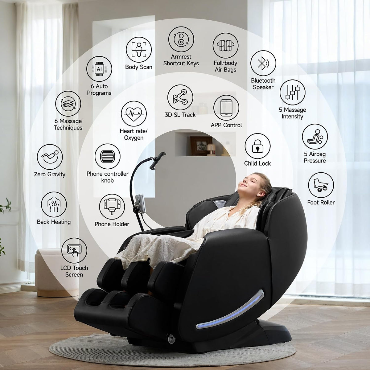 Massage Chair Full Body with Unique Phone Controller, Zero Gravity 3D Sl-Track Recliner with APP Control, Child Lock,Pause Button, Favor-06, Black