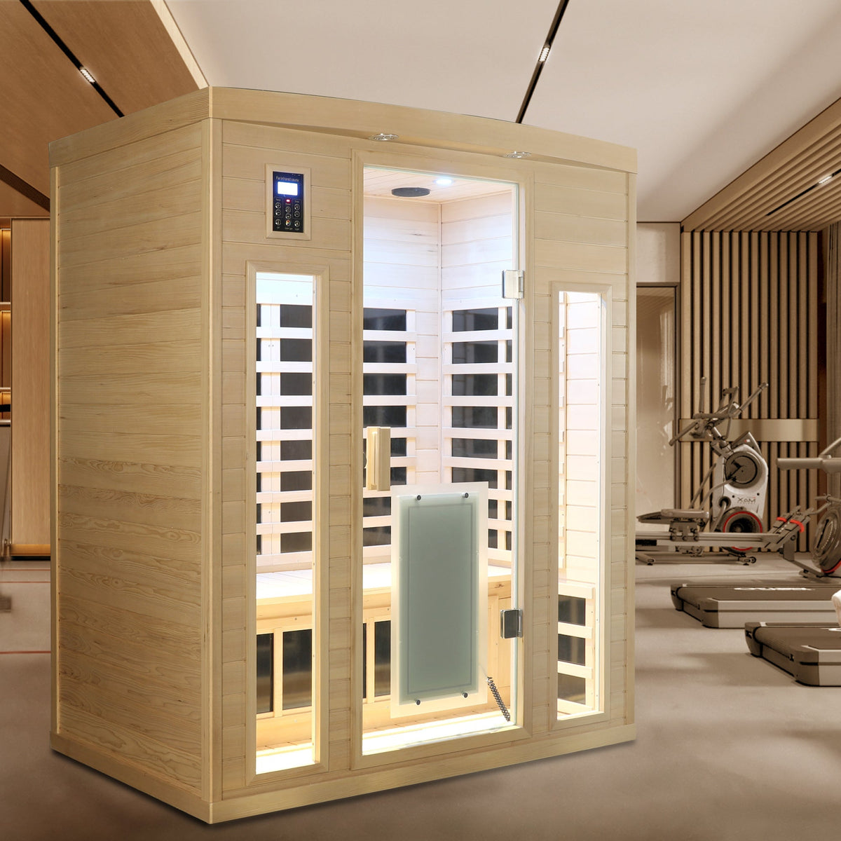 Low EMF Far-Infrared Three Person Sauna Room with Glass Door - Hemlock Wood