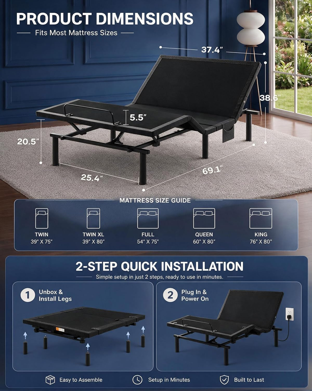 Twin XL Adjustable Bed Frame with Head & Foot Incline, 4 USB Ports, Under-Bed Night Light, 4 Height Options, Remote Control & Zero Gravity Electric Adjustable Bed Base