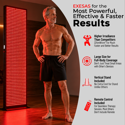 EXESAS 800 LED Red and Near-Infrared Light Panel, 4 Wavelengths 630/660/810/850 nm, Dual-Chip 5 W LEDs, 65 x 19 in. Full-Body Panel with Base Stand, Remote and Timer (1000 W)
