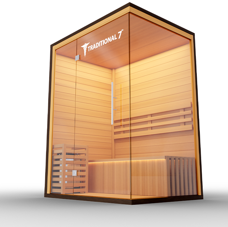 Medical Sauna Traditional 7 3-Person Indoor Steam Sauna, Canadian Hemlock with Two-Wall Glass Design, 4.5 kW Heater and LED Touch Controls