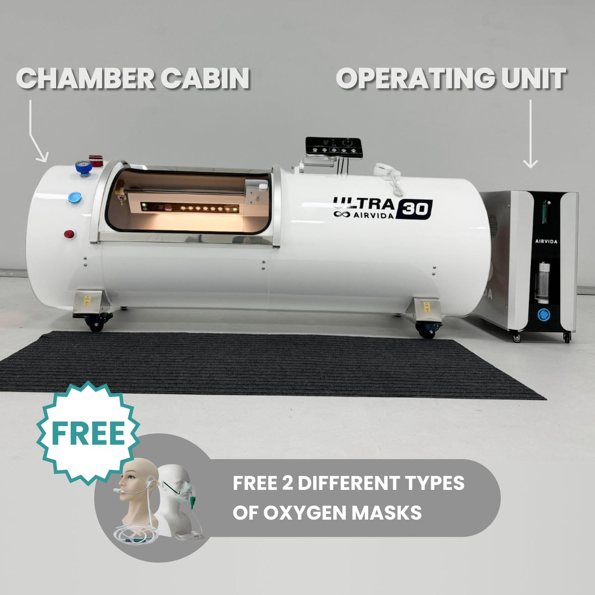 Airvida Ultra Hard Shell Lying Hyperbaric Chamber — 1.3 / 1.5 / 1.7 / 2.0 ATA, Three Widths