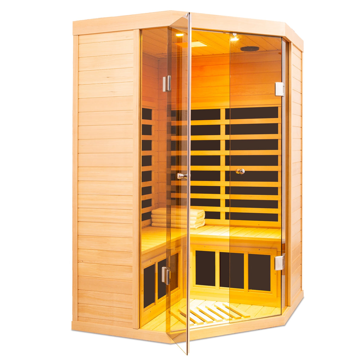 Home Furnishers 2-Person Deluxe Corner Far Infrared Sauna with 7 Heating Panels, Hemlock Wood