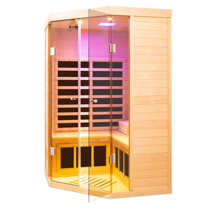 Home Furnishers 2-Person Deluxe Corner Far Infrared Sauna with 7 Heating Panels, Hemlock Wood