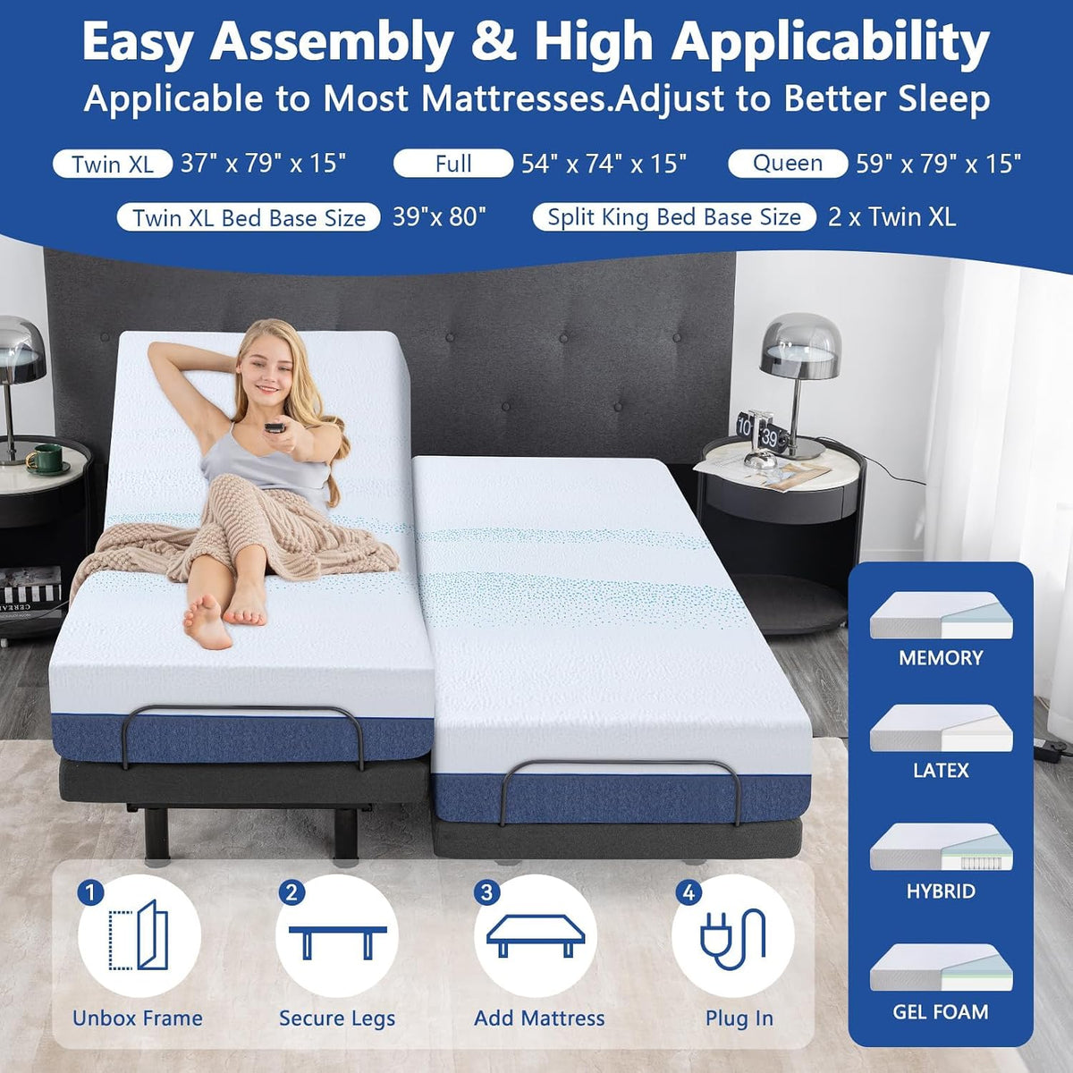 Queen Size Adjustable Bed Frame with Mattress,14 Inch Blue Gel Memory Foam Medium-Firm Mattress in Box, Adjustable with Adjustable Leg Height,Sturdy Metal,0 Gravity/Anti-Snore,Smart Electric Bed Frame