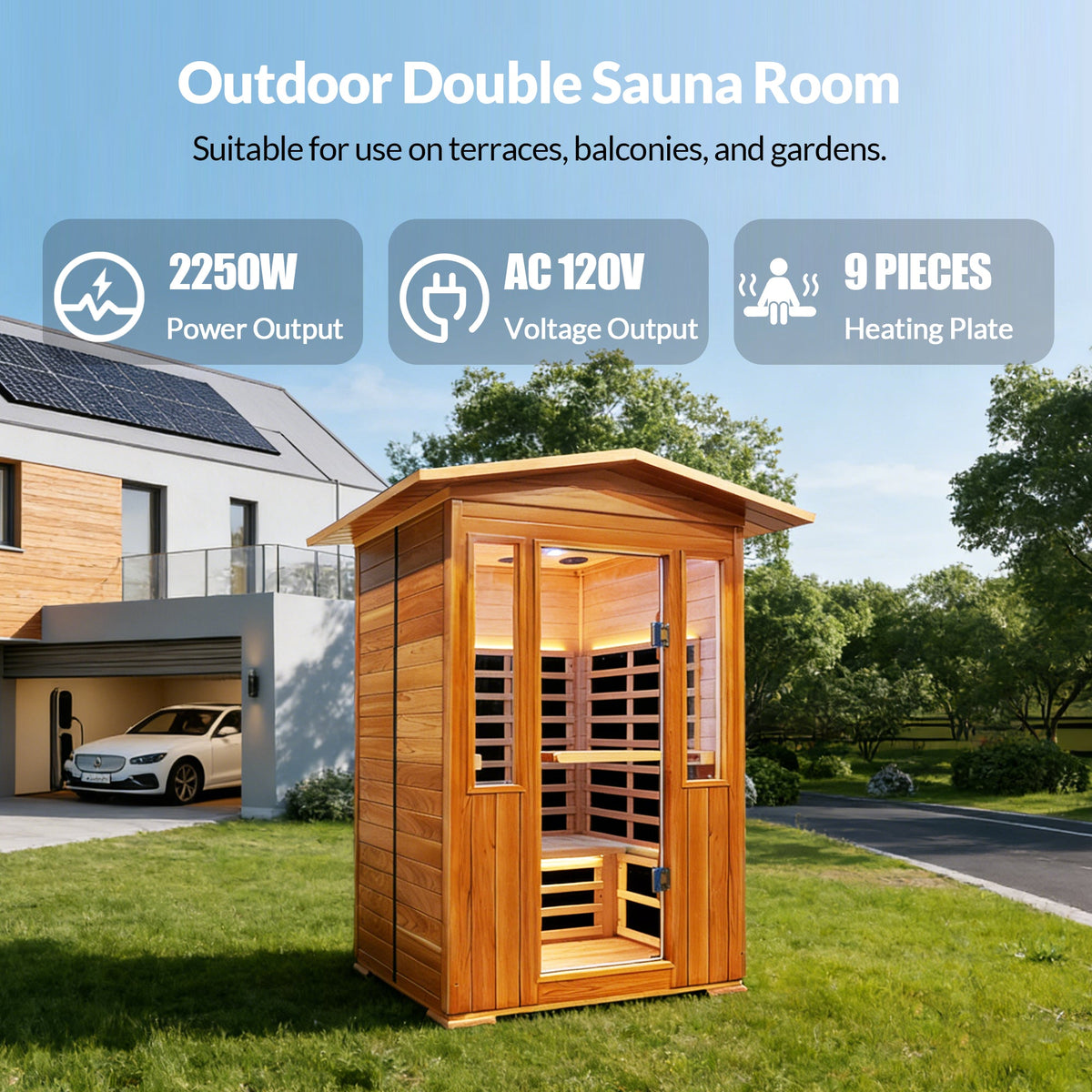 Outdoor Two-Person Far Infrared Sauna – Red Cedar Exterior, 9 Heating Panels, 2250 W
