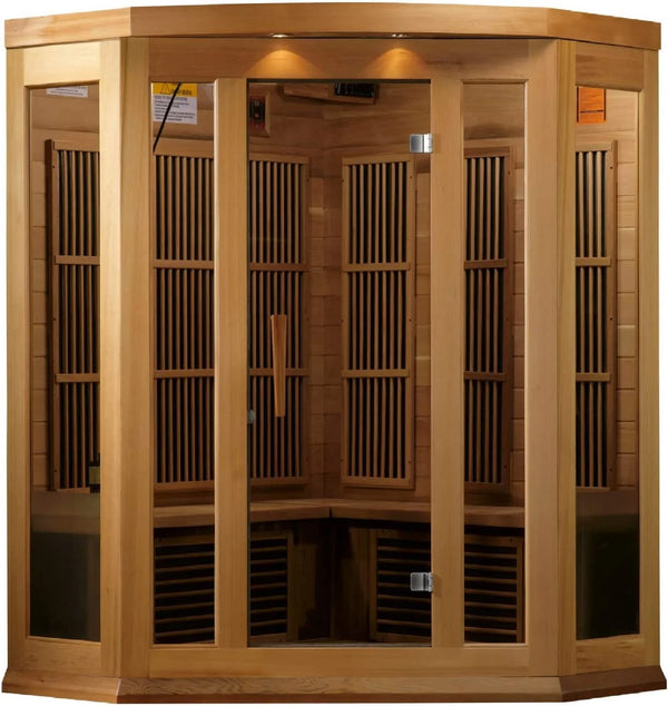 Maxxus 3-Person Corner FAR Infrared Sauna, Under 8 mG EMF, Canadian Red Cedar