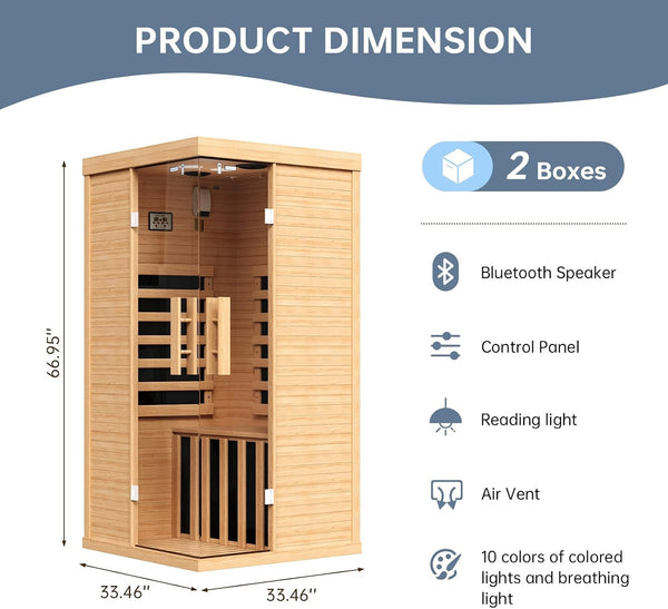 SunSwell 1-Person Low-EMF Far Infrared Sauna, 7 Heating Panels, 10-Color Chromotherapy, Bluetooth Speaker, Canadian Hemlock, 120 V, 33 x 33 x 67 in.