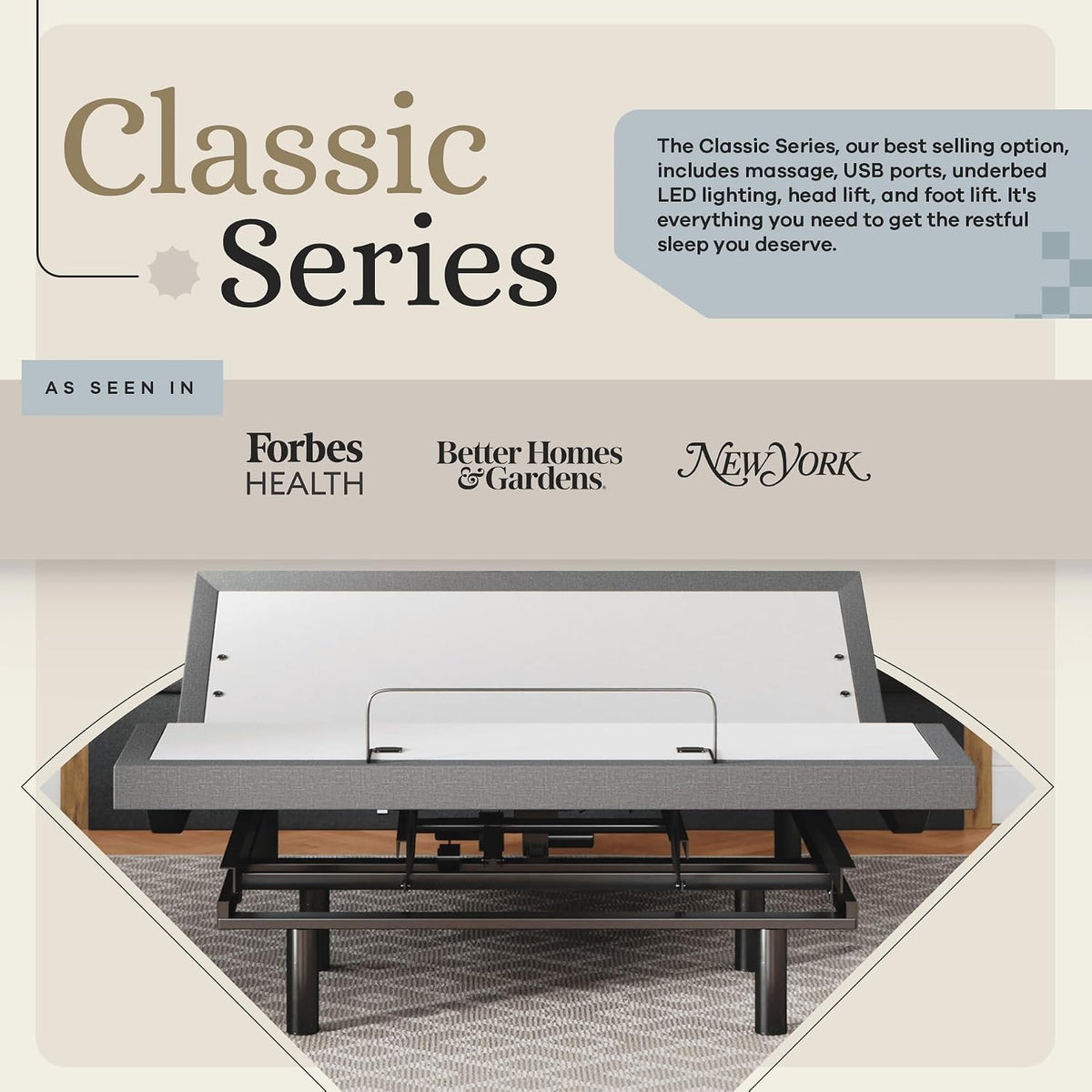 Sven & Son Classic Adjustable Bed Base, Head and Foot Lift, Massage, Under-Bed Lights, USB, Memory, Zero Gravity Smart Frame - Queen