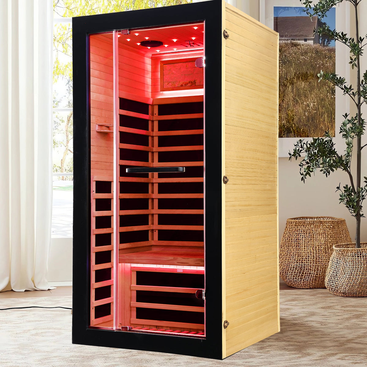 Single-Person Far Infrared Sauna – 7 Carbon Heating Panels, Starry Sky Ceiling, Bluetooth Audio