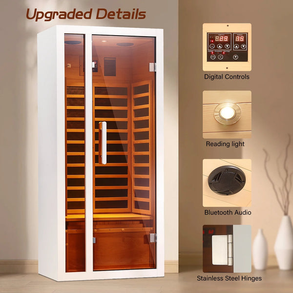 Vanity Art 1-Person Extendable FAR Infrared Sauna for Home, Hemlock Wood, Low EMF 6 Carbon Heaters, Indoor Sauna with LED Lights, Bluetooth Speaker, Digital Control Panel, and Seating Bench