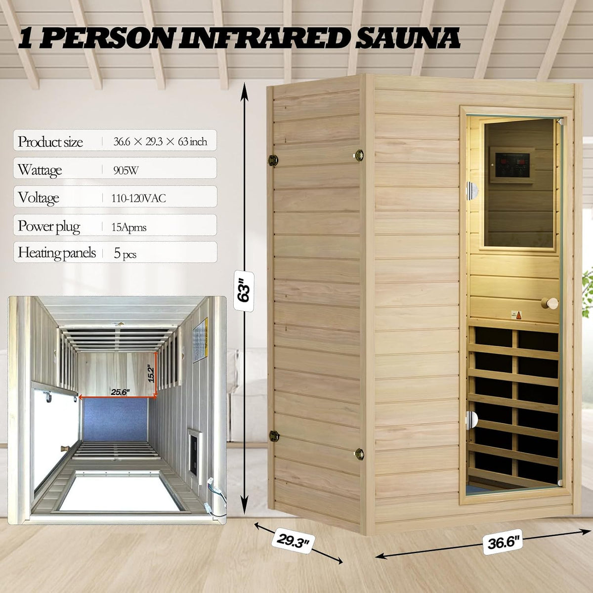 1 Person Sauna, Low EMF Far Infrared Indoor Dry Sauna Room, 905W