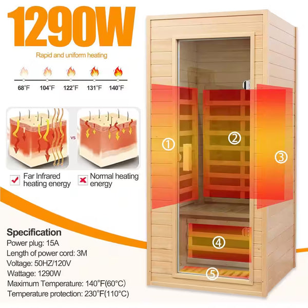 Spygo Moray 1-Person Indoor Far Infrared Sauna, 5 Carbon Crystal Heaters, Floor Heater, Bluetooth Speaker, Canadian Hemlock, 120 V, 34 x 34 x 73 in.