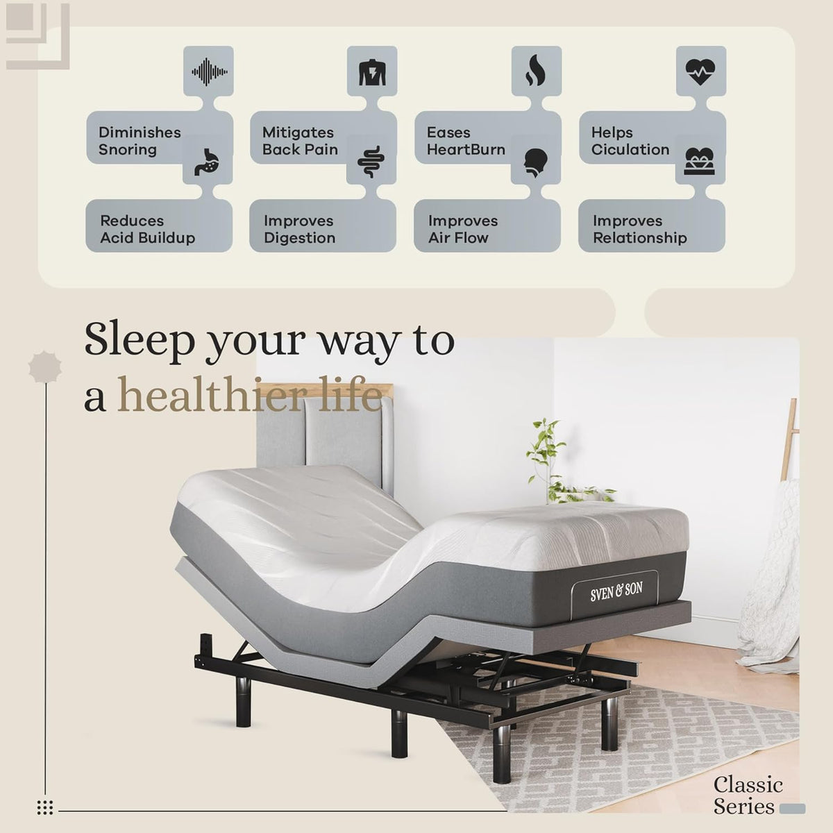 Sven & Son Classic Adjustable Bed Base, Head and Foot Lift, Massage, Under-Bed Lights, USB, Gel Memory, Zero Gravity Smart Frame - Twin XL + 10 Inch Memory Foam Matt (Firm)