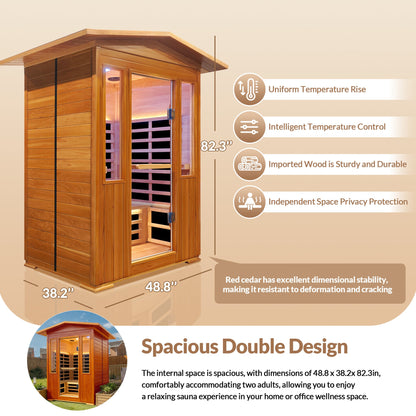 Outdoor Two-Person Far Infrared Sauna – Red Cedar Exterior, 9 Heating Panels, 2250 W