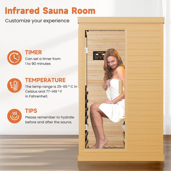 OUTEXER Far Infrared Home Sauna Spa Room, 1 Person, Canadian Hemlock Wood, 1200W
