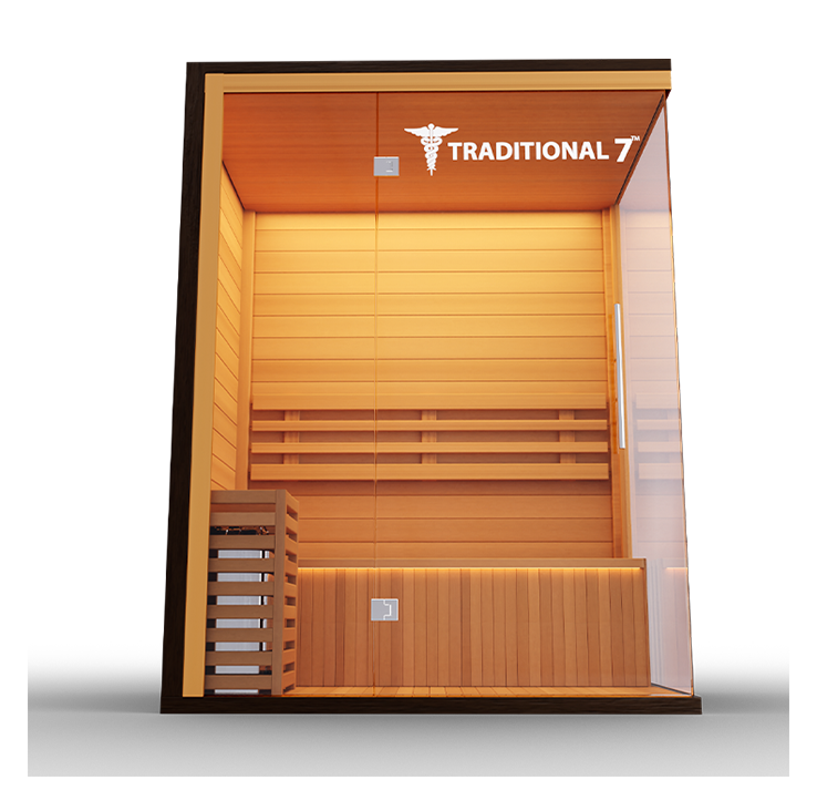 Medical Sauna Traditional 7 3-Person Indoor Steam Sauna, Canadian Hemlock with Two-Wall Glass Design, 4.5 kW Heater and LED Touch Controls