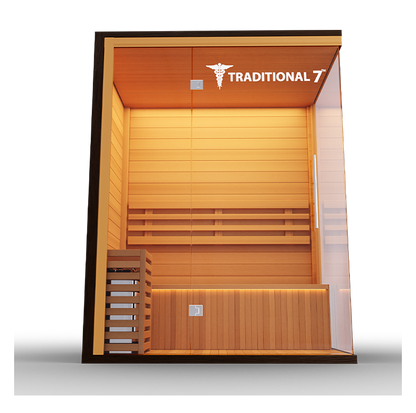 Medical Sauna Traditional 7 3-Person Indoor Steam Sauna, Canadian Hemlock with Two-Wall Glass Design, 4.5 kW Heater and LED Touch Controls